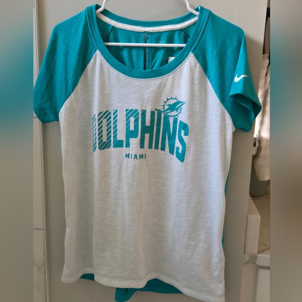 Nike NFL Miami Dolphins Teal White Womens Keyhole Back Raglan Tee New Size M